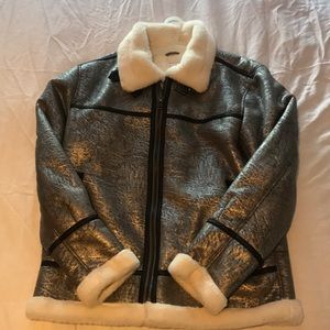 UO Faux Shearling Silver Bomber Jacket